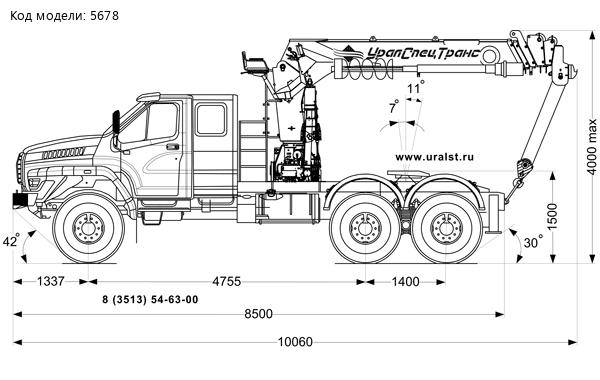 Габаритный чертёж тягач с КМУ ИТ-200, Урал NEXT, сдвоен. кабина