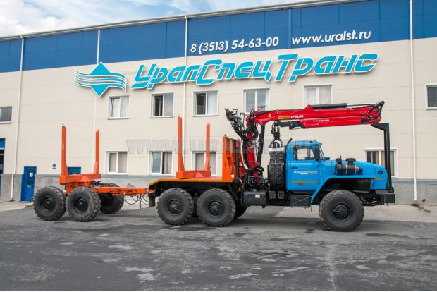 Лесовозный тягач Урал-М с ГМ Epsilon M130L97 + Роспуск лесовозный УСТ-94651