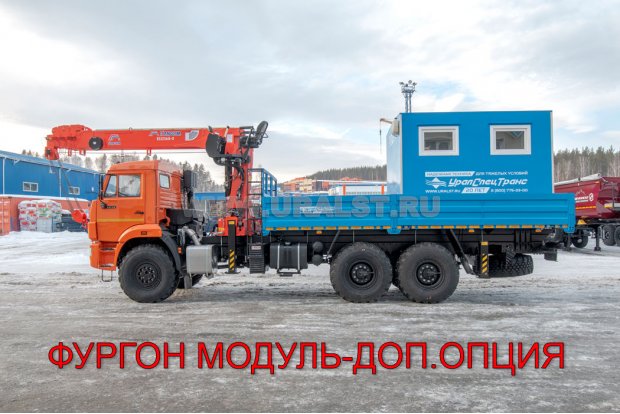 Контейнеровоз с КМУ Kanglim KS-1256G (тросовый) УСТ 5453 Камаз 43118 + Фургон модуль УСТ (доп.опция)