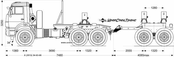 Трубоплетевозный автопоезд в составе тягача УСТ-5453 и прицепа-роспуска УСТ-94651